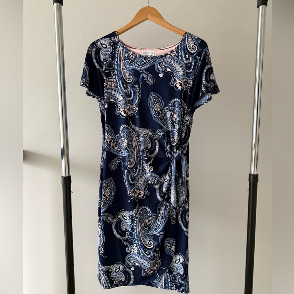 Navy and Pink Paisley Tie-Waist Dress